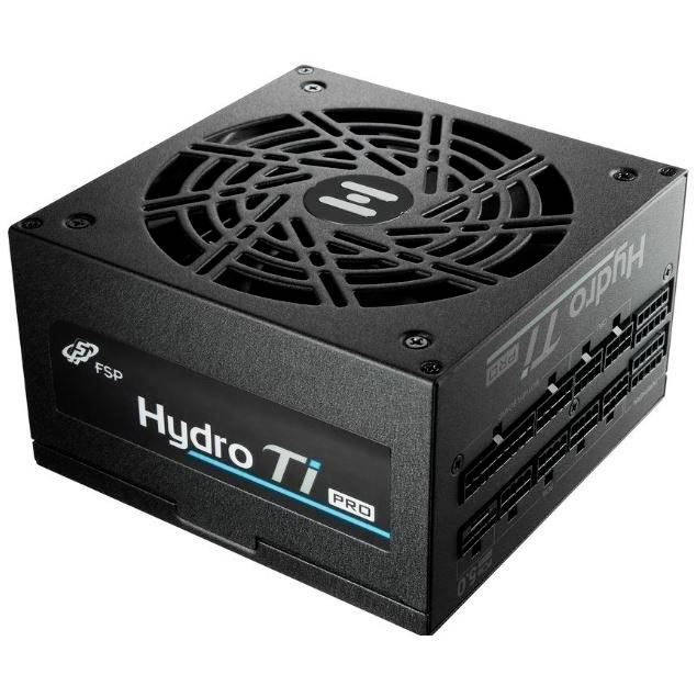 Czarny zasilacz komputerowy 'Hydro Ti Pro' z wentylatorem na górze i wieloma złączami po bokach.