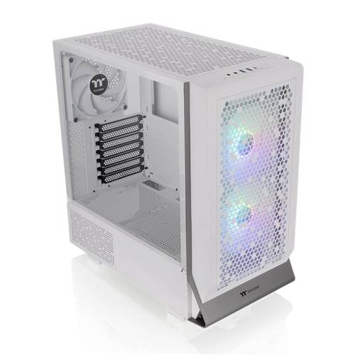 Białe obudowa komputerowa z przezroczystą boczną ścianką oraz wentylatorami z podświetleniem RGB na przedniej części.