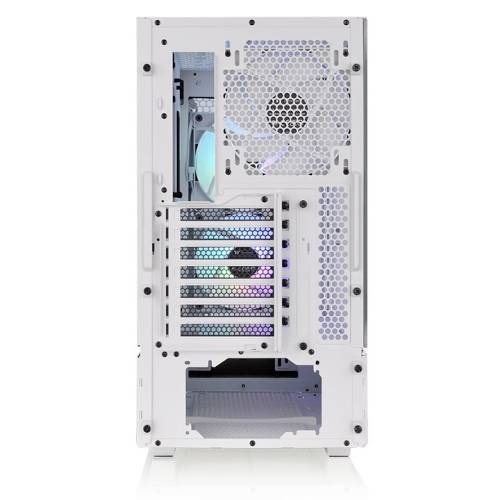Tylna ściana białej obudowy komputera z wieloma strefami wentylacyjnymi. Jeden z wentylatorów świeci wieloma kolorami.