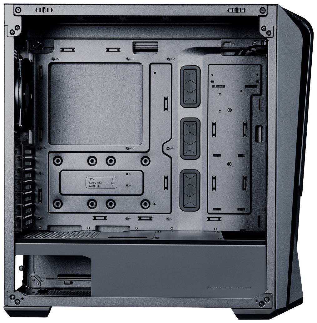 Czarna obudowa komputera, otwarta. Wnętrze pokazuje miejsce na płytę główną, karty rozszerzeń i zasilacz. Brak zamontowanych komponentów.