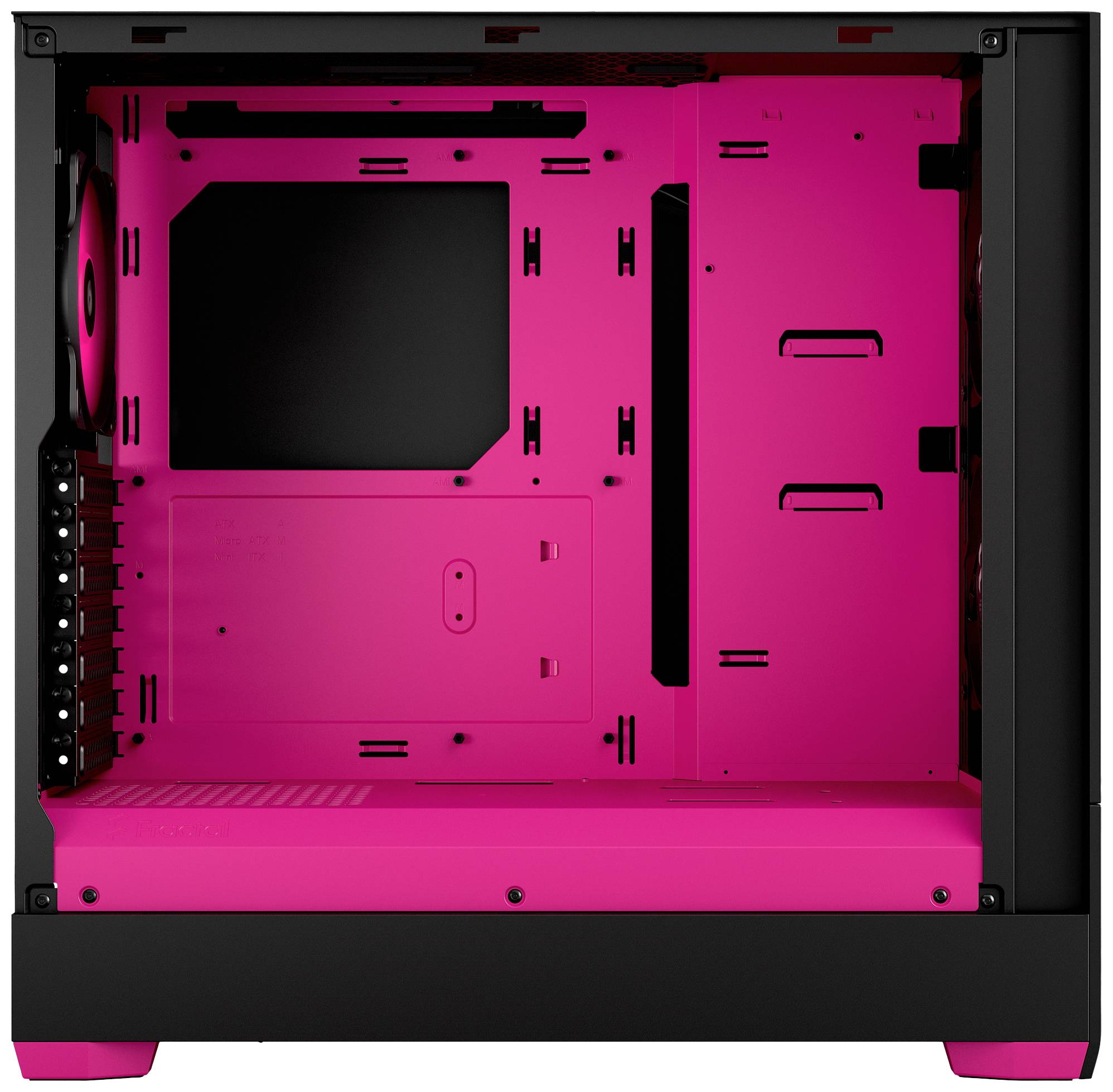 Pusta obudowa komputerowa z rzucającym się w oczy różowym wnętrzem i czarną ramą, odpowiednia do montażu podzespołów komputerowych.