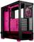 Różowa i czarna obudowa komputera o otwartej konstrukcji, z wentylatorem z tyłu, z widocznym prowadzeniem kabli wewnątrz.
