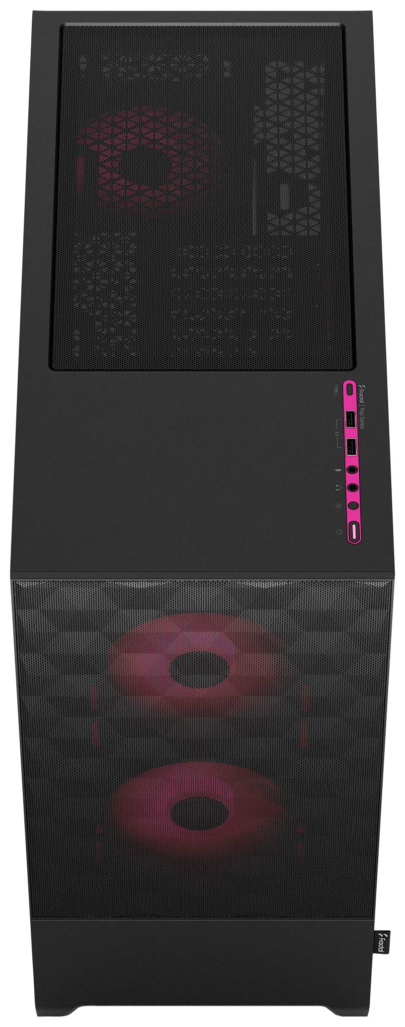 Czarna obudowa komputera z dwoma widocznymi wentylatorami świecącymi czerwonym światłem. Na górze znajdują się szczeliny wentylacyjne i elementy sterujące.
