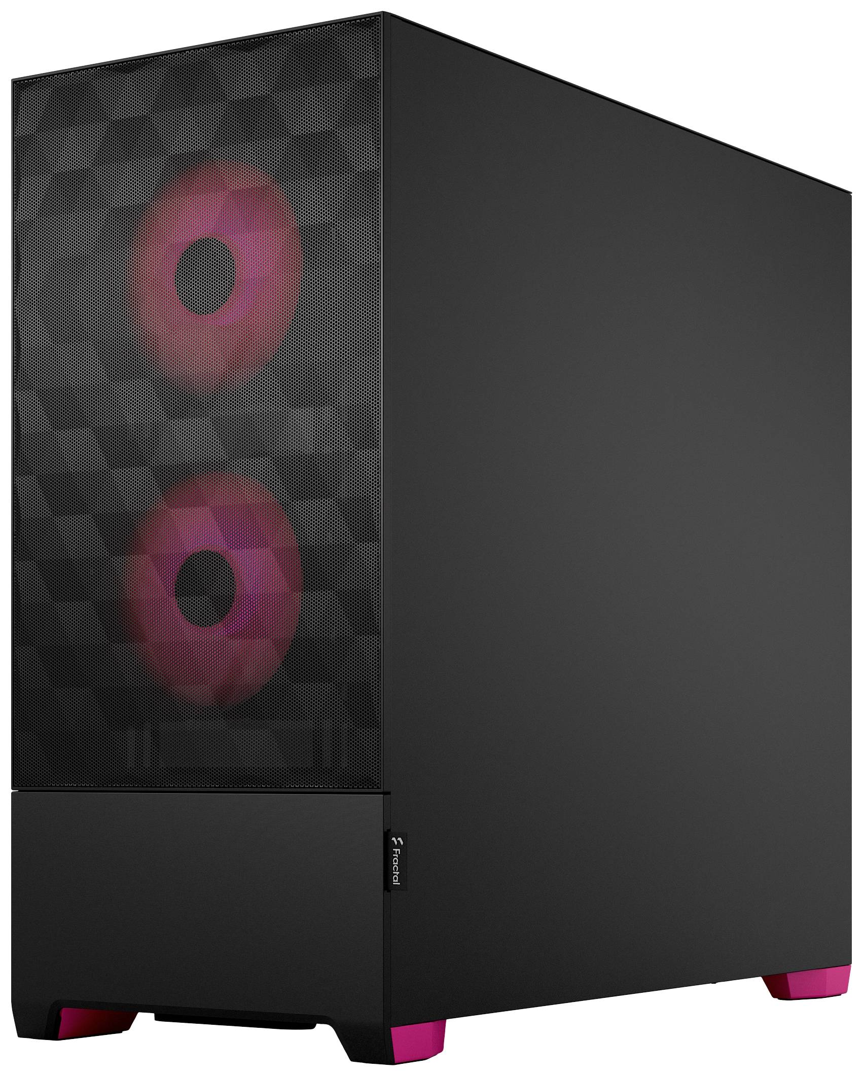 Czarna obudowa komputera z dwoma świecącymi czerwonymi wentylatorami z przodu i czerwonymi stopkami.