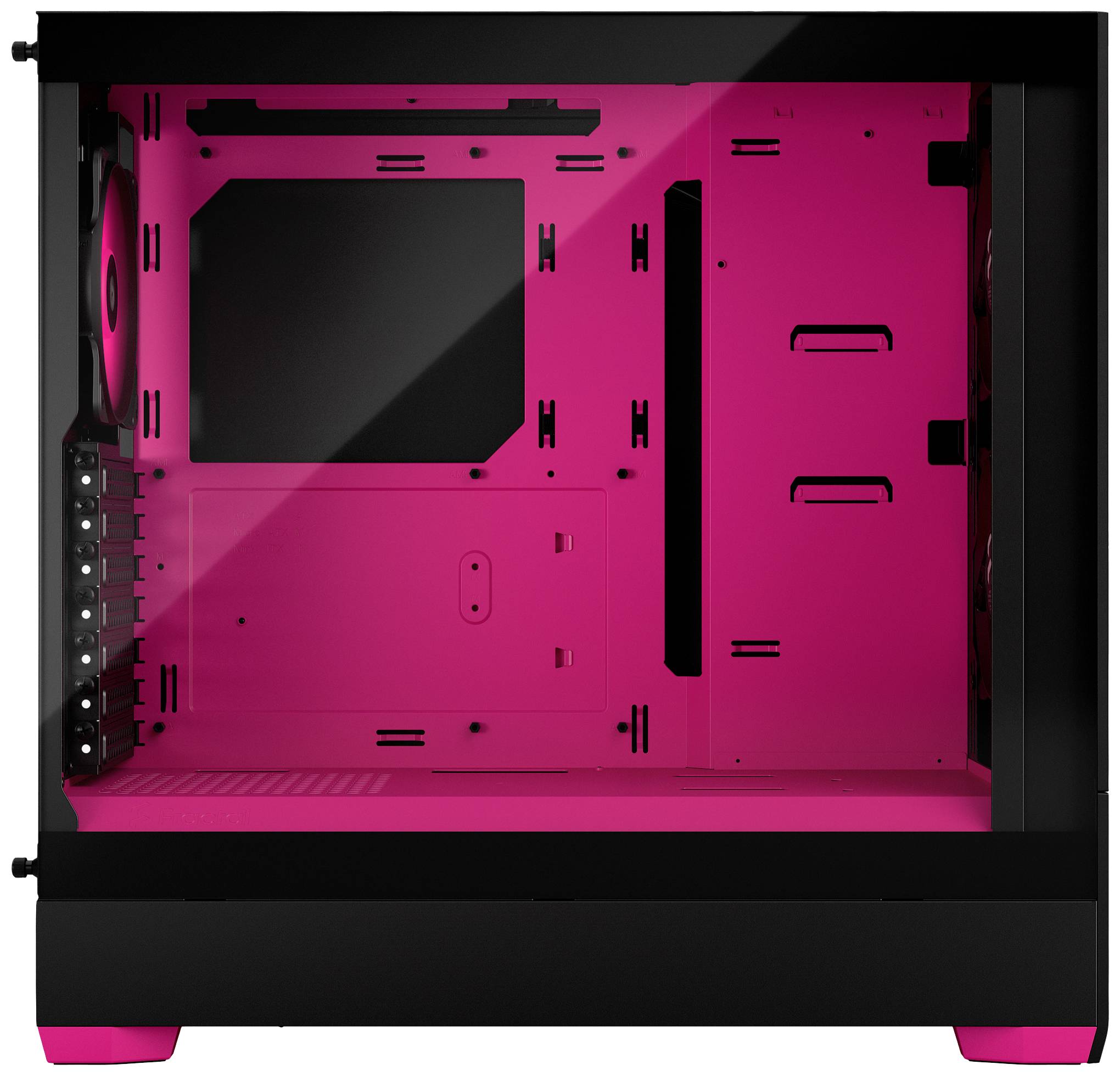 Czarne obudowa komputera z przezroczystym oknem bocznym i różowym wnętrzem, zapewniająca miejsce na komponenty, z widocznymi mocowaniami wentylatorów.