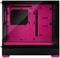 Czarne obudowa komputera z przezroczystym oknem bocznym i różowym wnętrzem, zapewniająca miejsce na komponenty, z widocznymi mocowaniami wentylatorów.
