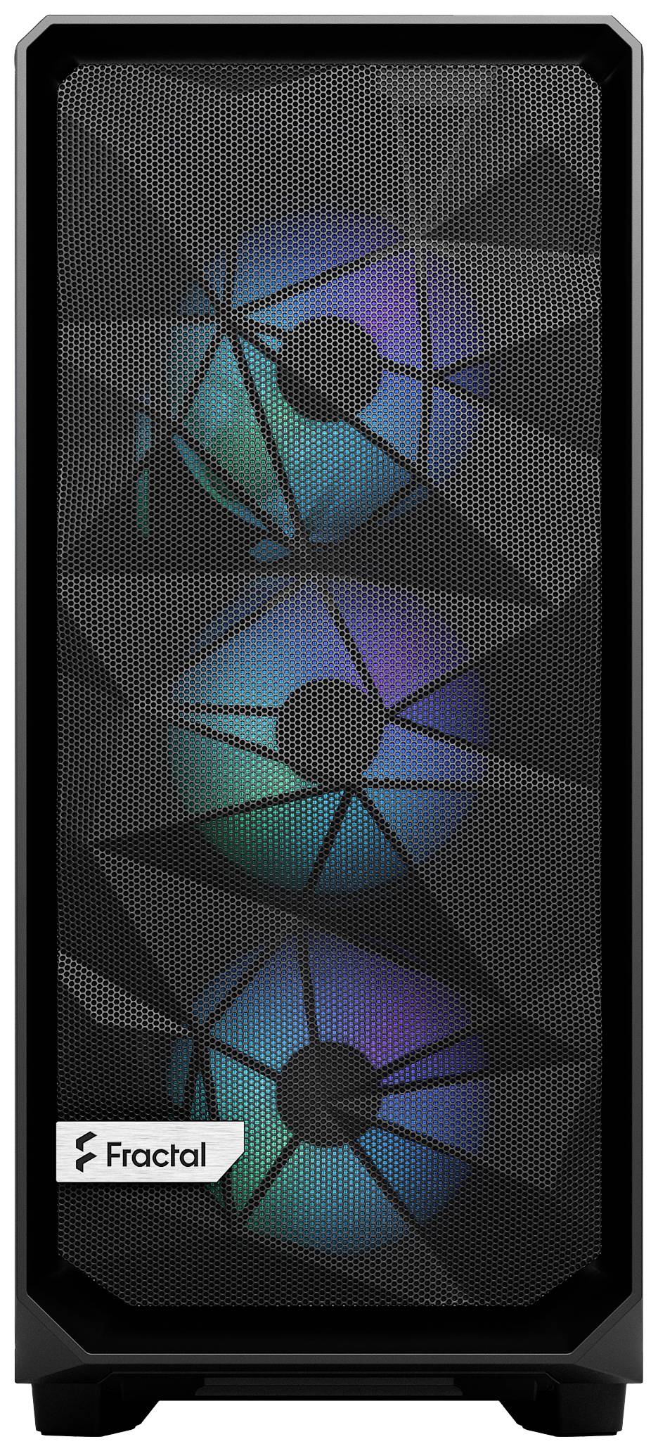 Obudowa komputerowa 'Fractal' z trzema widocznymi, podświetlanymi wentylatorami za kratką. Wentylatory świecą w odcieniach niebiesko-zielonych.