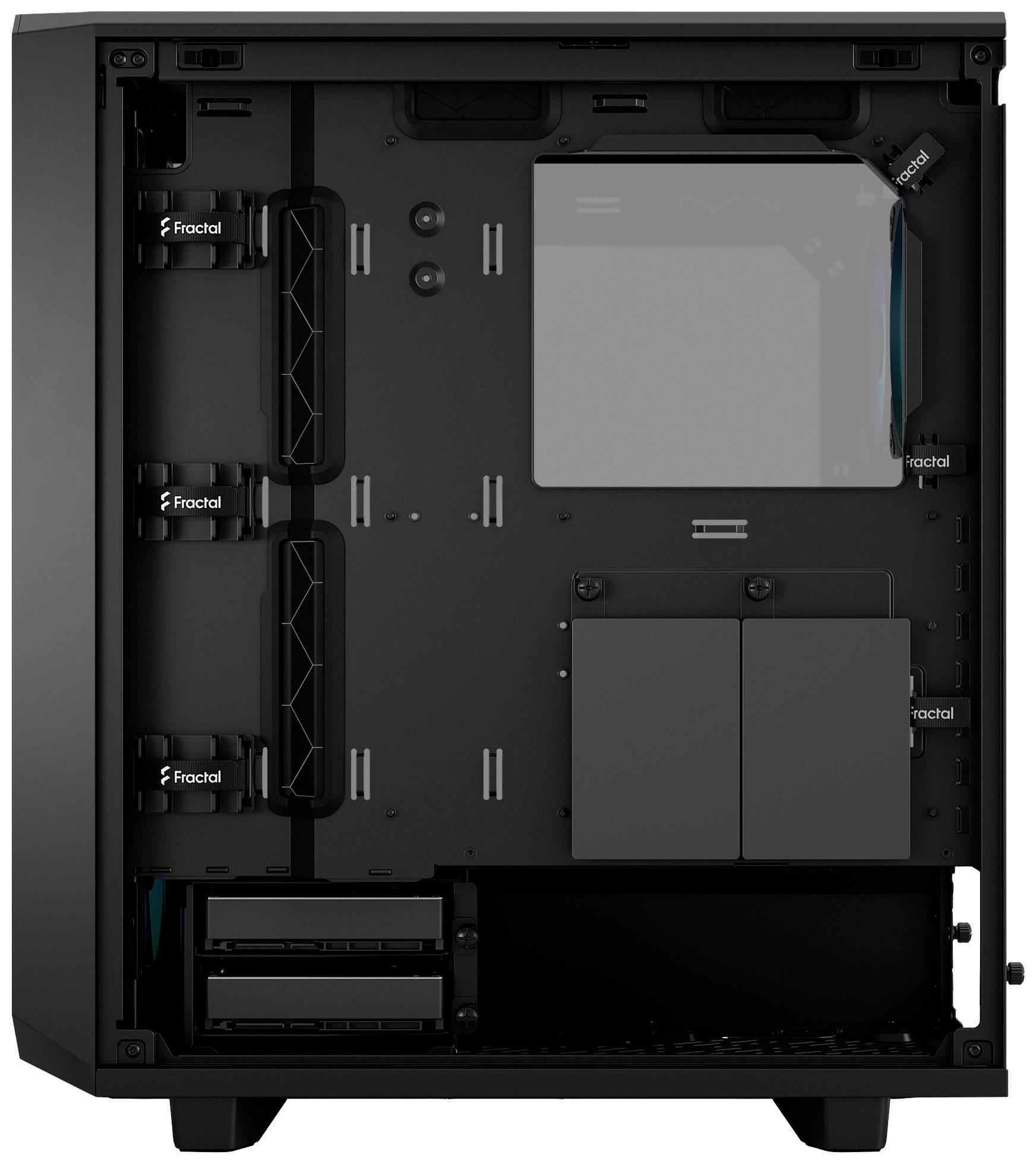 Pusta czarna obudowa komputerowa z widoczną przestrzenią wewnętrzną, uchwytami na komponenty oraz opcjami zarządzania kablami.