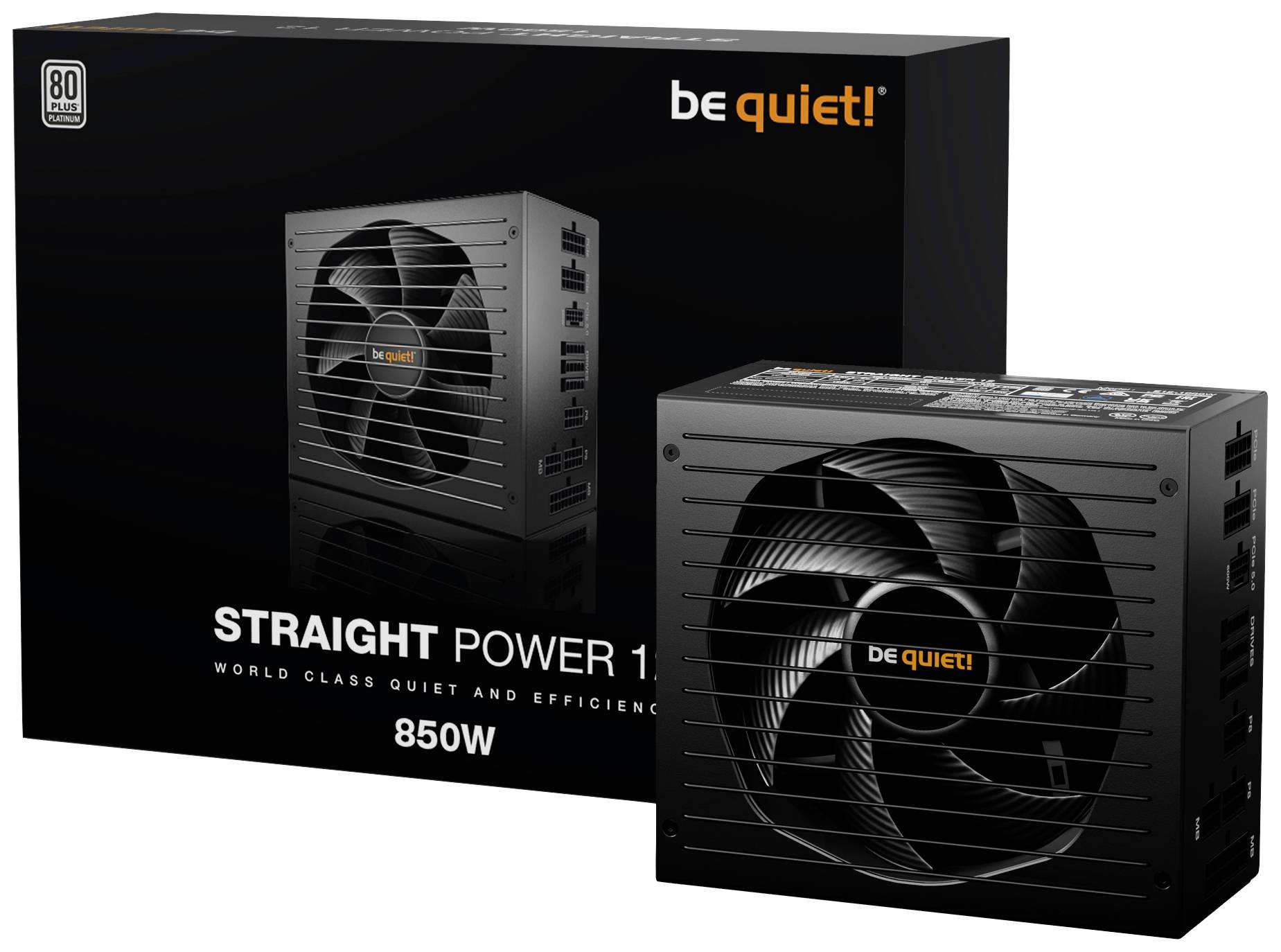 Zasilacz 'be quiet! Straight Power 11' o mocy 850W na czarnym tle. Opakowanie prezentuje zdjęcie produktu z opisami.