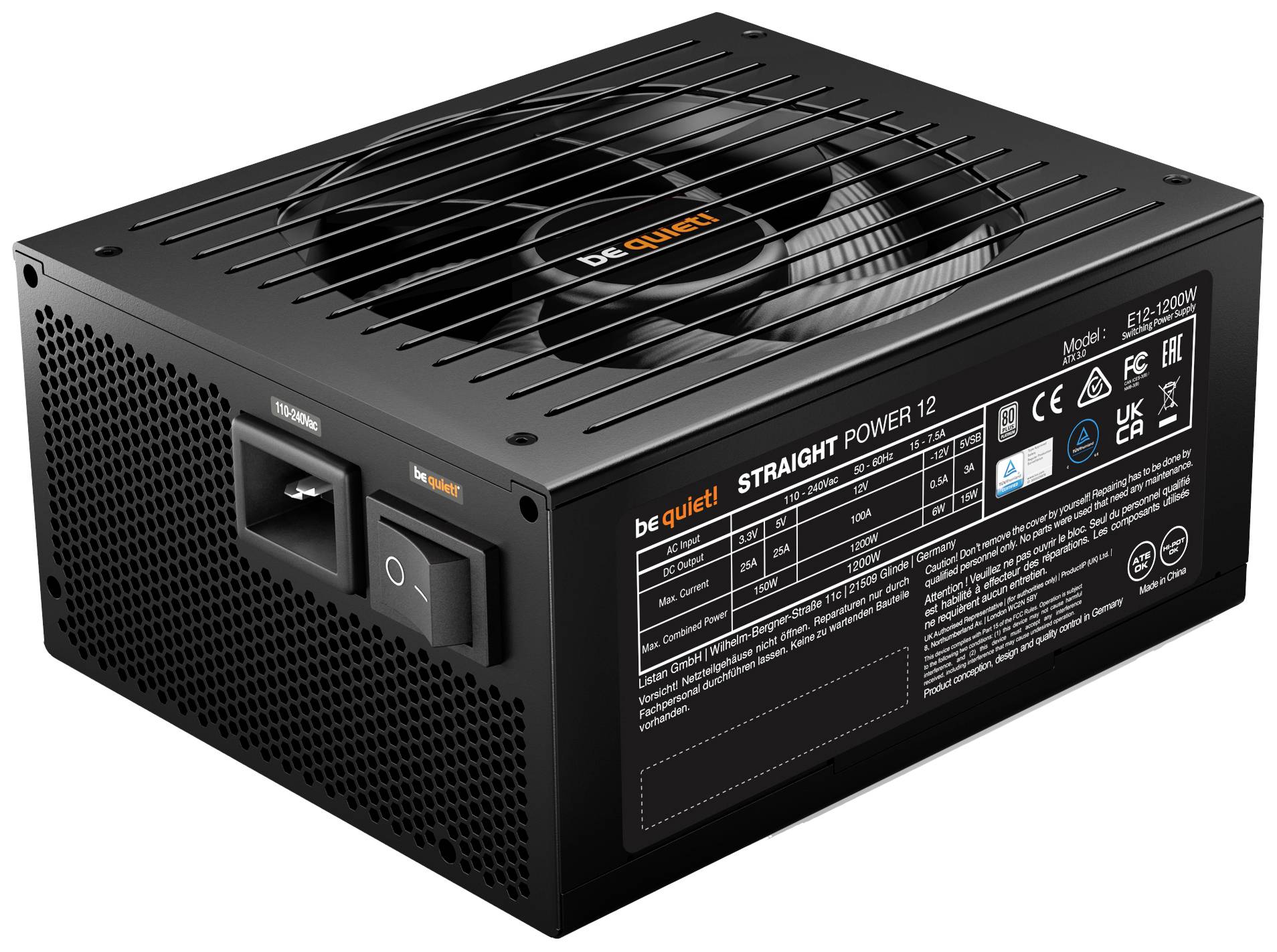 Czarny zasilacz komputerowy marki 'be quiet!', model 'Straight Power 12'. Widoczny wentylator, parametry wydajności oraz różne złącza.