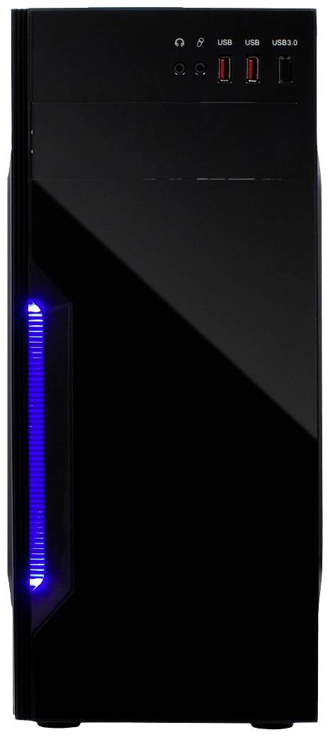 Czarna obudowa komputera z niebieskim podświetlonym paskiem na boku, trzema portami USB i gniazdami audio na górze.