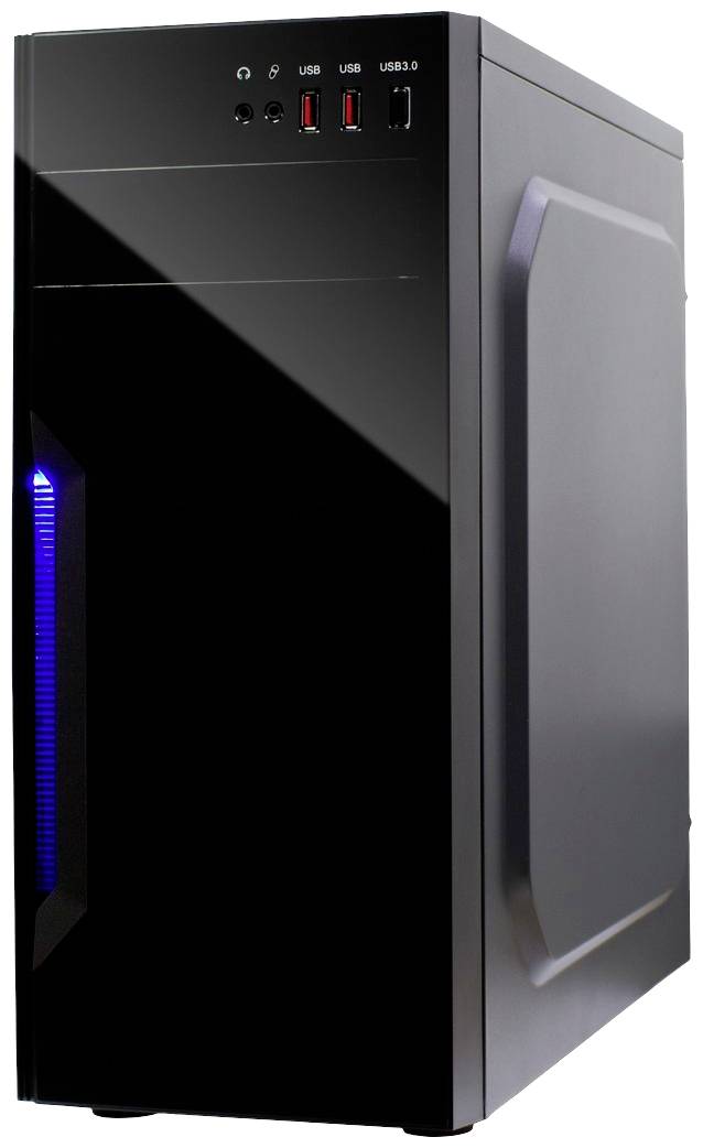 Czarna obudowa komputera z niebieskim podświetleniem LED z przodu, widoczne złącza USB i przełączniki na górnej powierzchni.