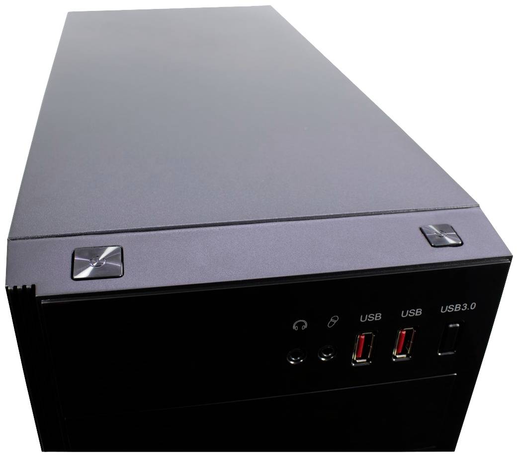 Czarna obudowa komputera z portami USB i gniazdami audio z przodu.