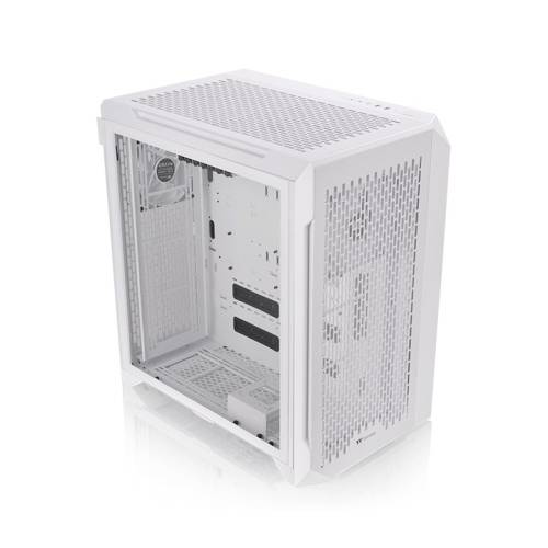 Białe obudowie komputera z oknem bocznym, z licznymi otworami wentylacyjnymi zapewniającymi optymalną wentylację.