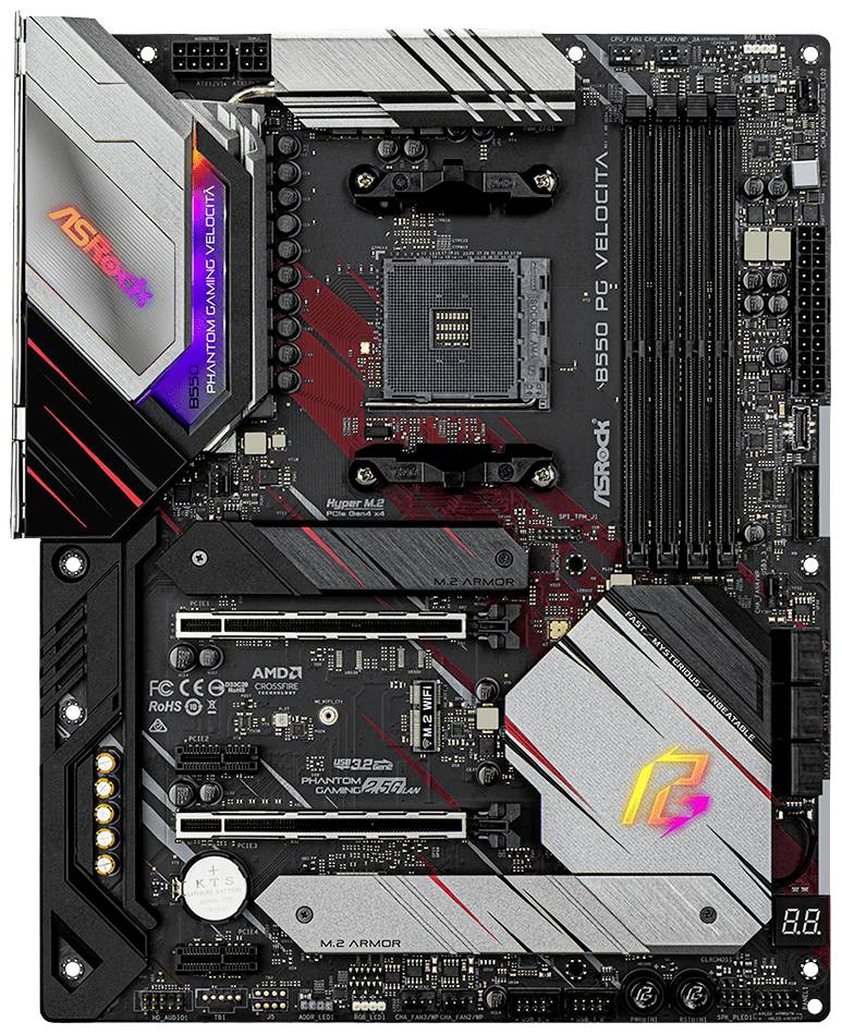 Płyta główna ASRock B550 PG Velocita z podświetleniem RGB, wyposażona w multiple gniazda PCIe i sloty RAM, kompatybilna z procesorami AMD.
