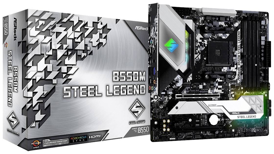 Płyta główna ASRock B550M Steel Legend w opakowaniu. Płyta prezentuje podświetlenie RGB oraz multiple sloty na pamięć RAM i karty graficzne.
