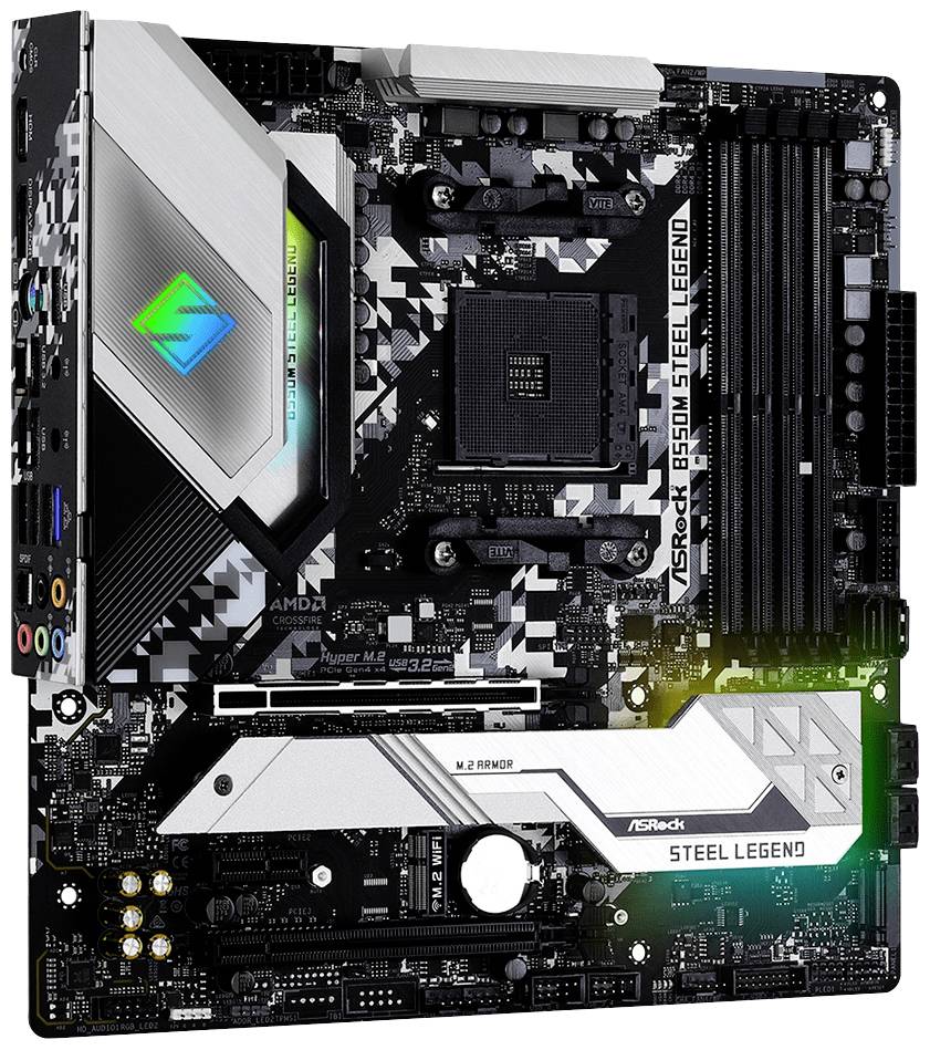Płyta główna ASRock B550M Steel Legend prezentuje podświetlenie RGB, sloty PCIe oraz różnorodne złącza, idealna do budowy wydajnych komputerów.