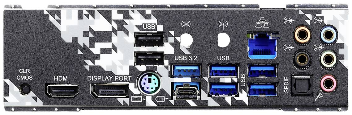 Tylna strona płyty głównej komputera z gniazdami: HDMI, DisplayPort, porty USB, Ethernet, wejścia audio. Wzór czarno-biały.