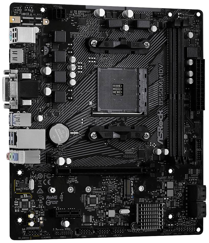 Płyta główna komputera z różnymi slotami, złączami i komponentami. Nazwa modelu 'ASRock B550M-HDV' jest widoczna.