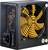 Zasilacz komputerowy z żółtym wentylatorem i czarną obudową. Widoczny jest przełącznik zasilania oraz zakres napięcia 'AC 115V-230V'.