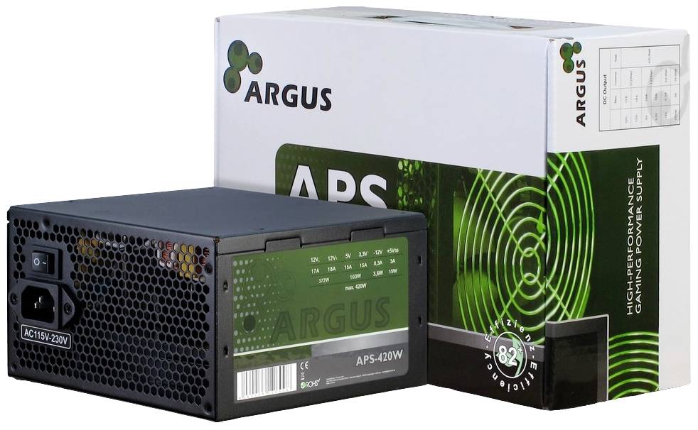 Jednostka zasilająca i opakowanie z napisem 'Argus'. Odpowiednie dla komputerów, prezentujące szczegóły techniczne i efektywność energetyczną.