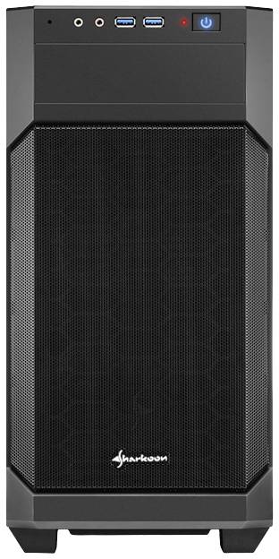 Czarna obudowa komputerowa z siateczkową przednią ścianką i logo 'Sharkoon', wyposażona jest w dwa porty USB, przycisk zasilania oraz złącza audio na górnej części.