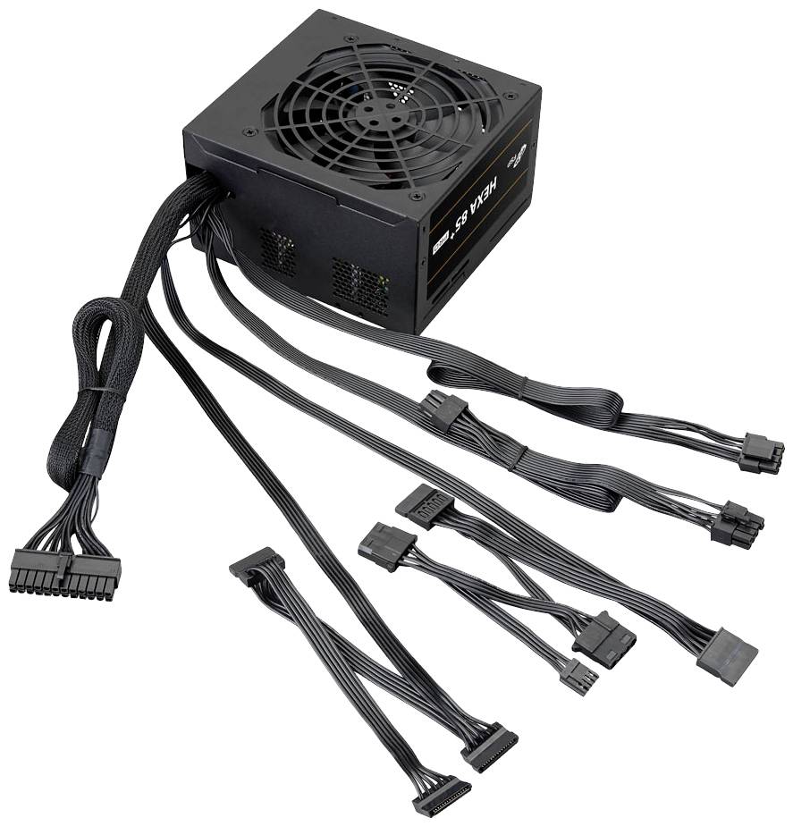 Czarny zasilacz komputerowy z wieloma kablami i złączami do podłączenia różnych podzespołów komputera.