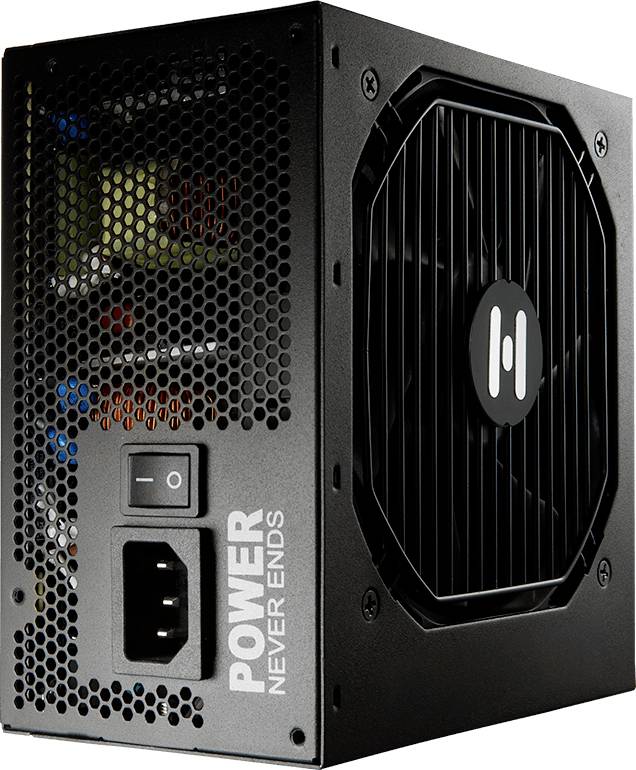 Czarna jednostka zasilająca komputera z kratką wentylacyjną, włącznikiem sieciowym i wtyczką elektryczną. Na boku widnieje napis 'Power Never Ends'.