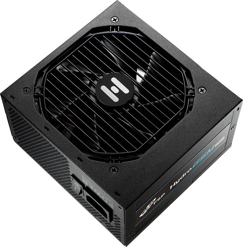 Czarny zasilacz komputerowy z wentylatorem na górze; logo e-sportowe pośrodku; niebieska etykieta "Hydro G PRO" z boku; widoczna kratka wentylacyjna.