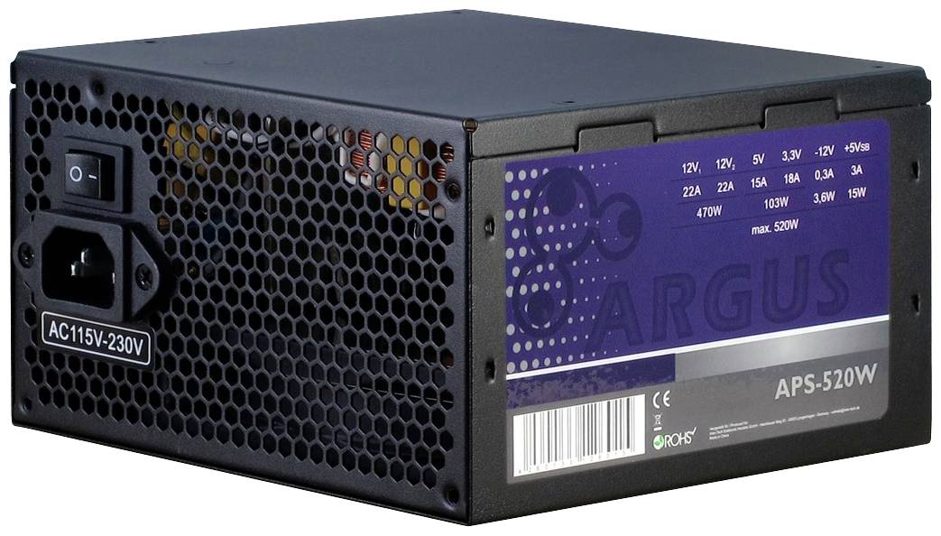 Czarny zasilacz komputerowy z otworami wentylacyjnymi i przełącznikiem napięcia sieciowego. Etykieta prezentuje numer modelu 'APS-520W' oraz specyfikacje.