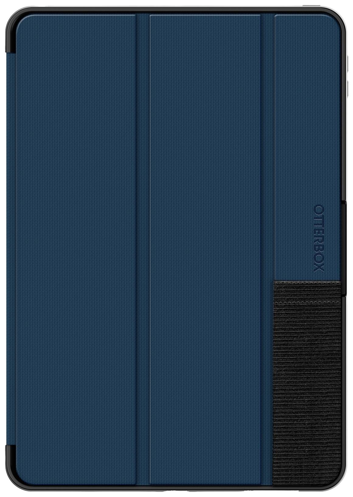 Niebieskie etui na tablet lub czytnik e-booków z czarnym paskiem zamykającym zapewnia ochronę i funkcjonalność, z widoczną nazwą marki.