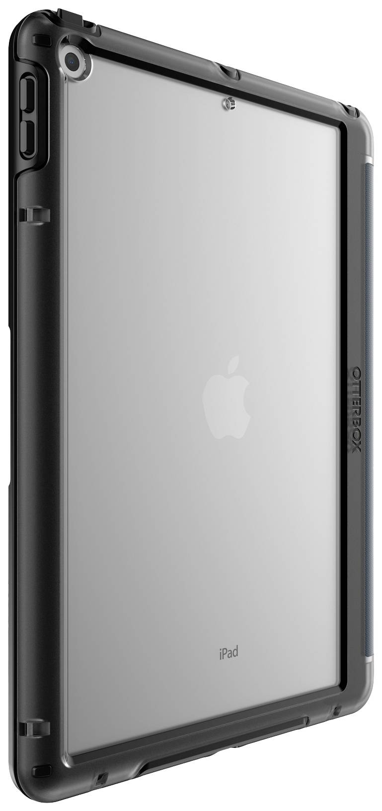 Przezroczysty iPad z solidnym, czarnym etui pokazującym logo Apple i iPad.