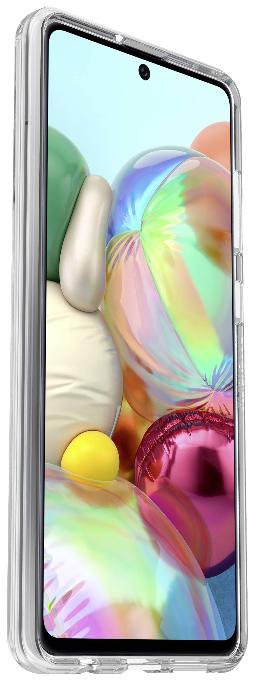 Nowoczesny smartfon w srebrnej obudowie z kolorowym, błyszczącym tłem na ekranie.