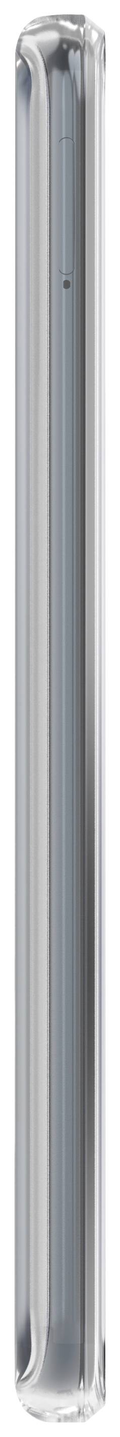 Widok z boku szczupłego, srebrnego smartfona.