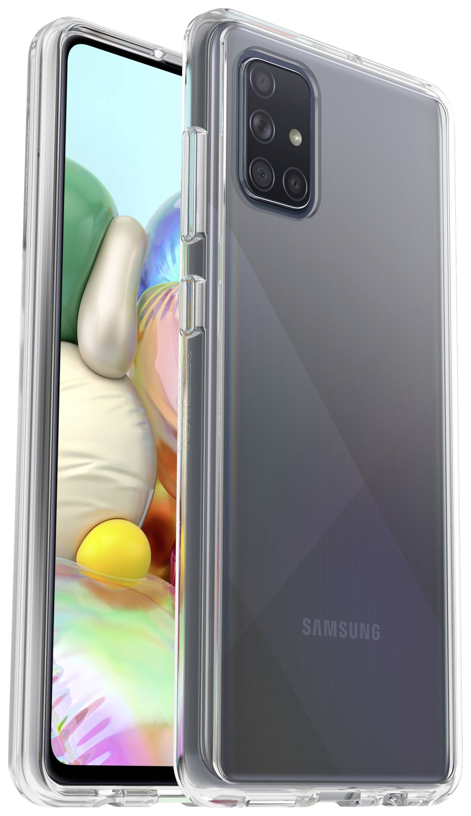 Dwa smartfony Samsung w przezroczystych etui. Widoczne są ich przednia strona z ekranem oraz tylna strona z aparatami.