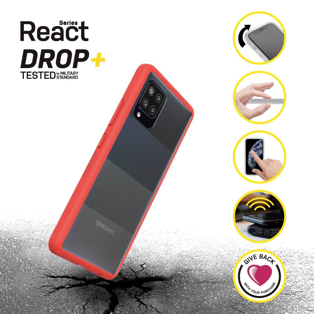 Smartfon w czerwonym etui unosi się nad popękaną powierzchnią; symbole wskazują na odporność na wstrząsy i ładowanie bezprzewodowe.