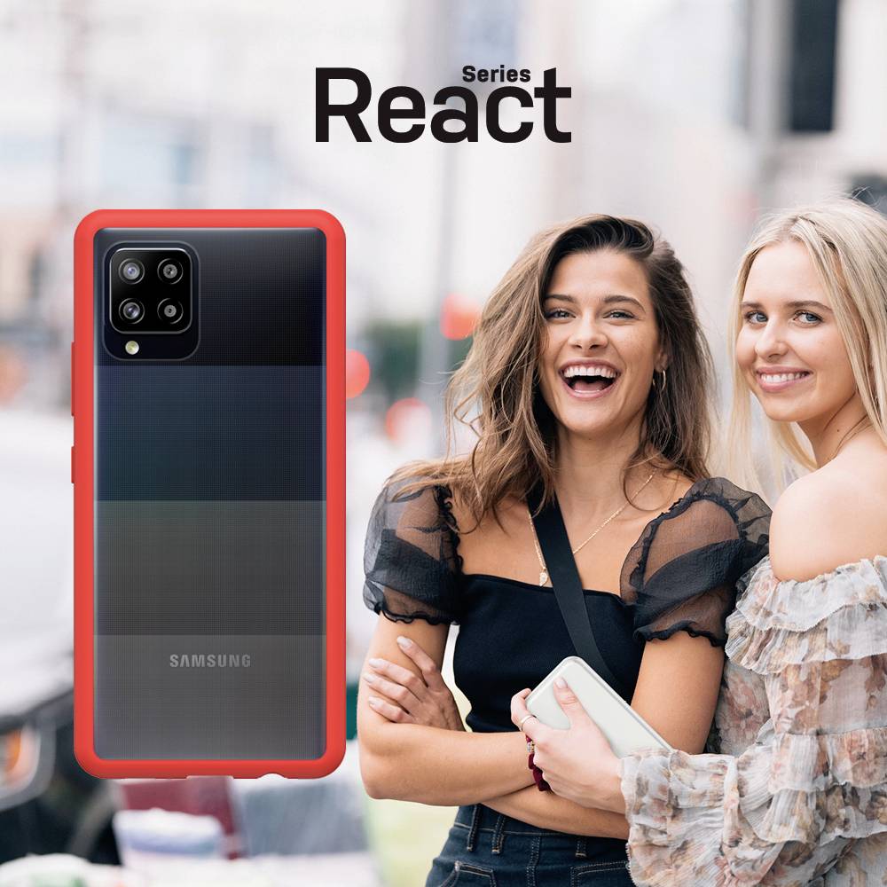 Dwie śmiejące się kobiety na świeżym powietrzu, trzymające smartfon w etui. Tekst 'Series React' u góry obrazu.