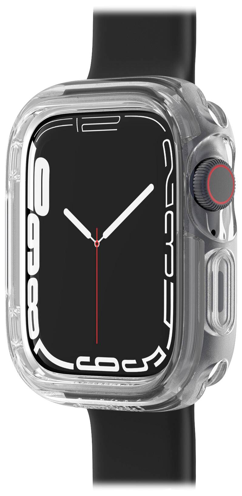 Smartwatch z czarną tarczą i białą ramką, wskazująca godzinę 10:09. Przezroczyste etui z czarnym paskiem.