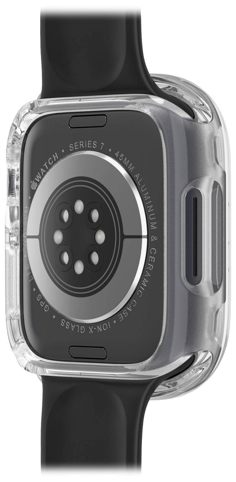 Tylna strona smartwatcha z czujnikami, czarny pasek i przezroczysta obudowa.