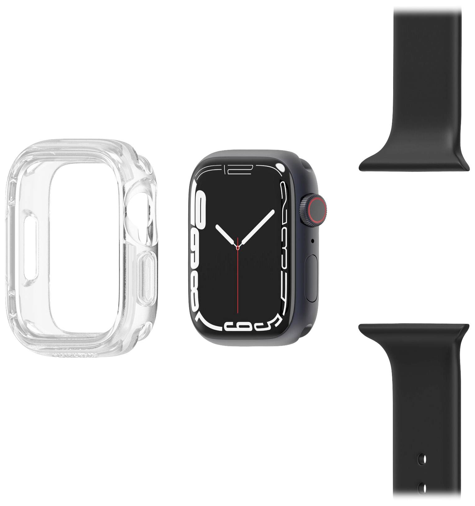 Czarny smartwatch z przezroczystą obudową z tworzywa sztucznego i zdejmowanym czarnym paskiem. Godzina wyświetlana na białej tarczy.