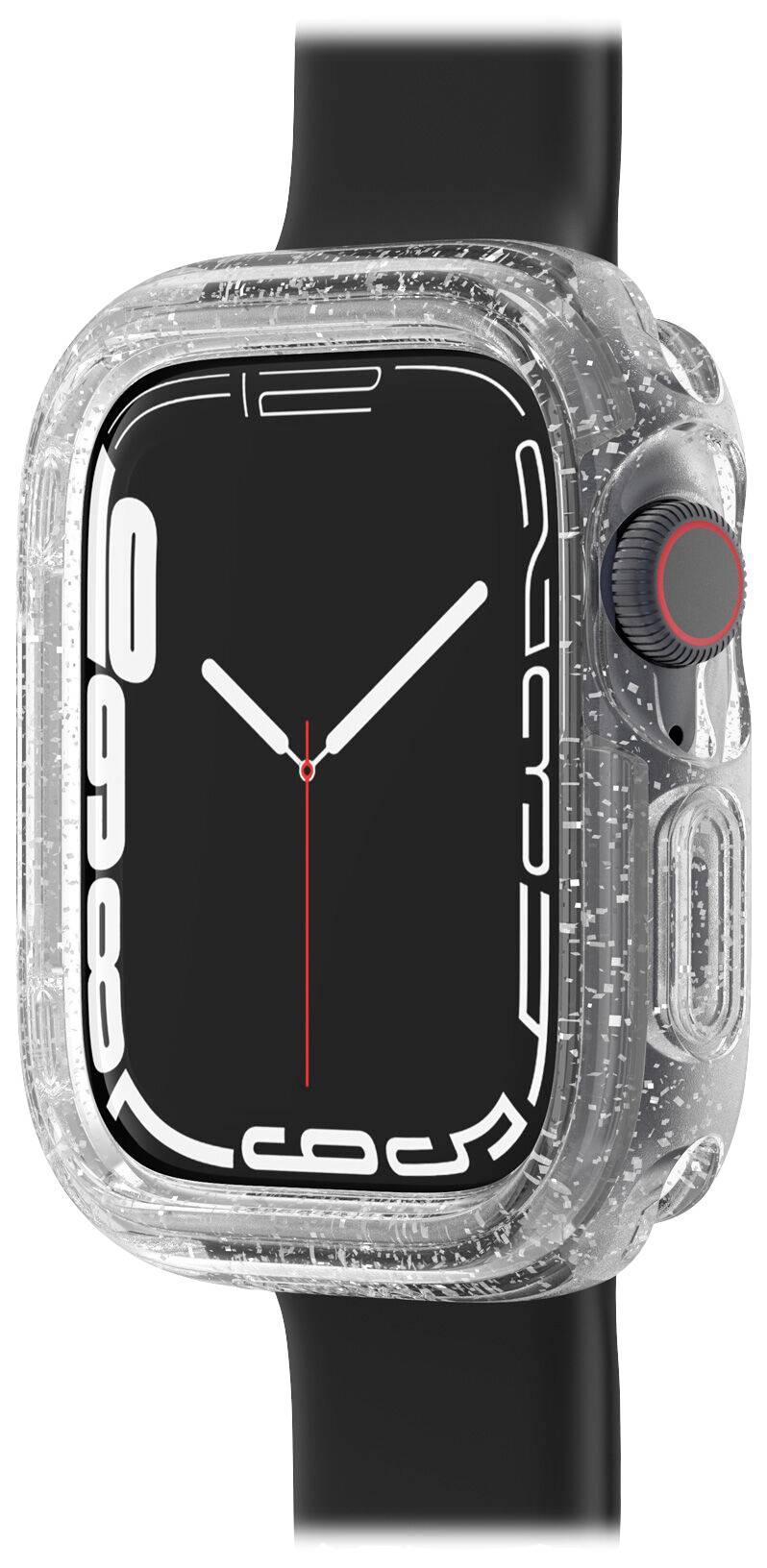 Cyfrowy zegarek naręczny z czarnym wyświetlaczem, białą ramką i czarnym paskiem.