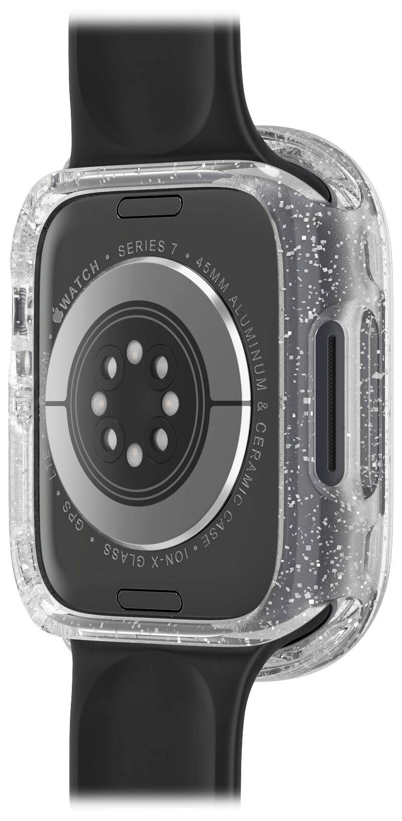 Zegarek naręczny z czarnym paskiem i przezroczystą kopertą. Tylna strona ukazuje czujniki oraz grawerowane szczegóły techniczne.