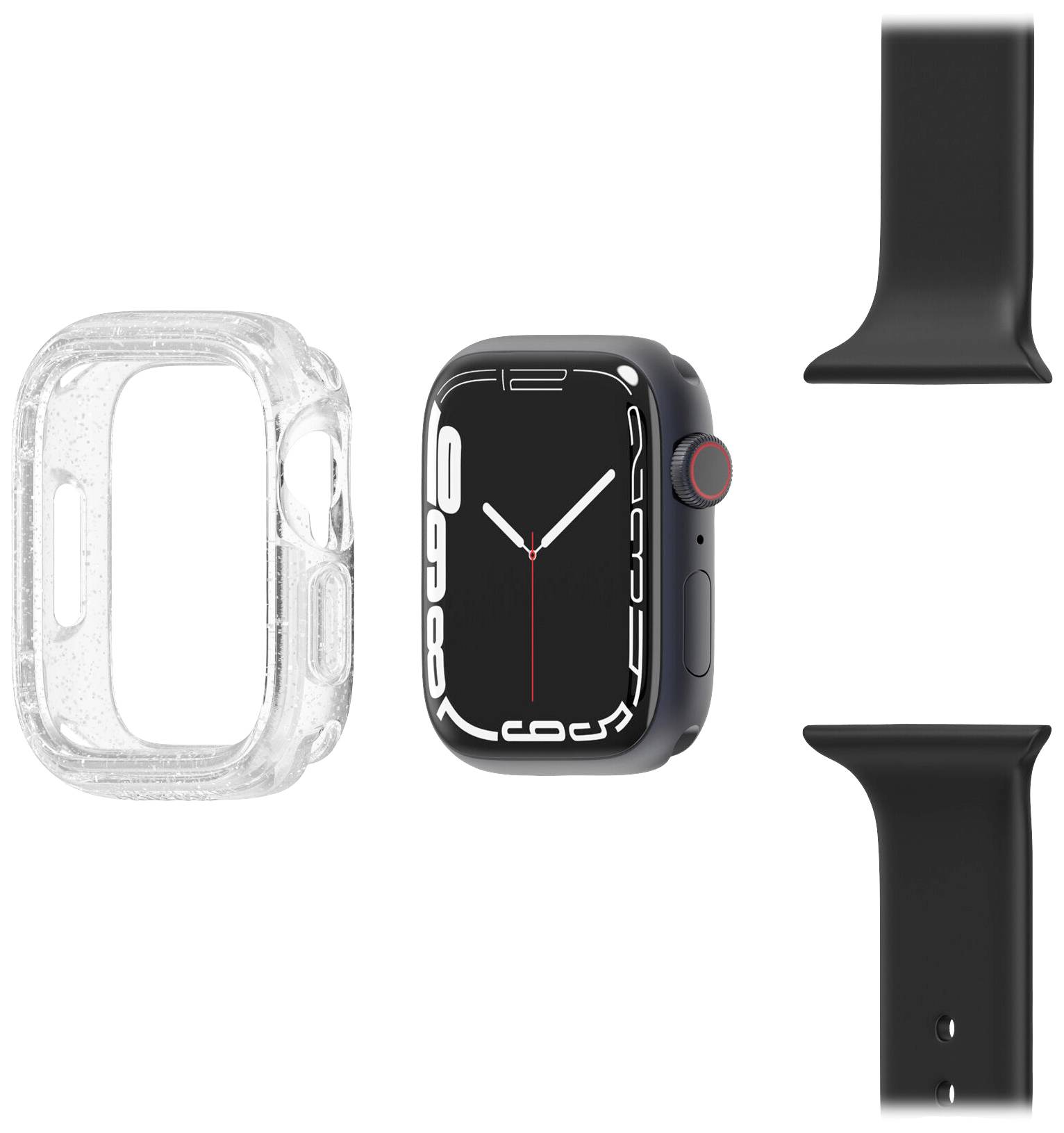 Czarny smartwatch z okrągłą tarczą, białym akcentem designerskim, czarnym paskiem i przejrzystą obudową, sfotografowany z góry.