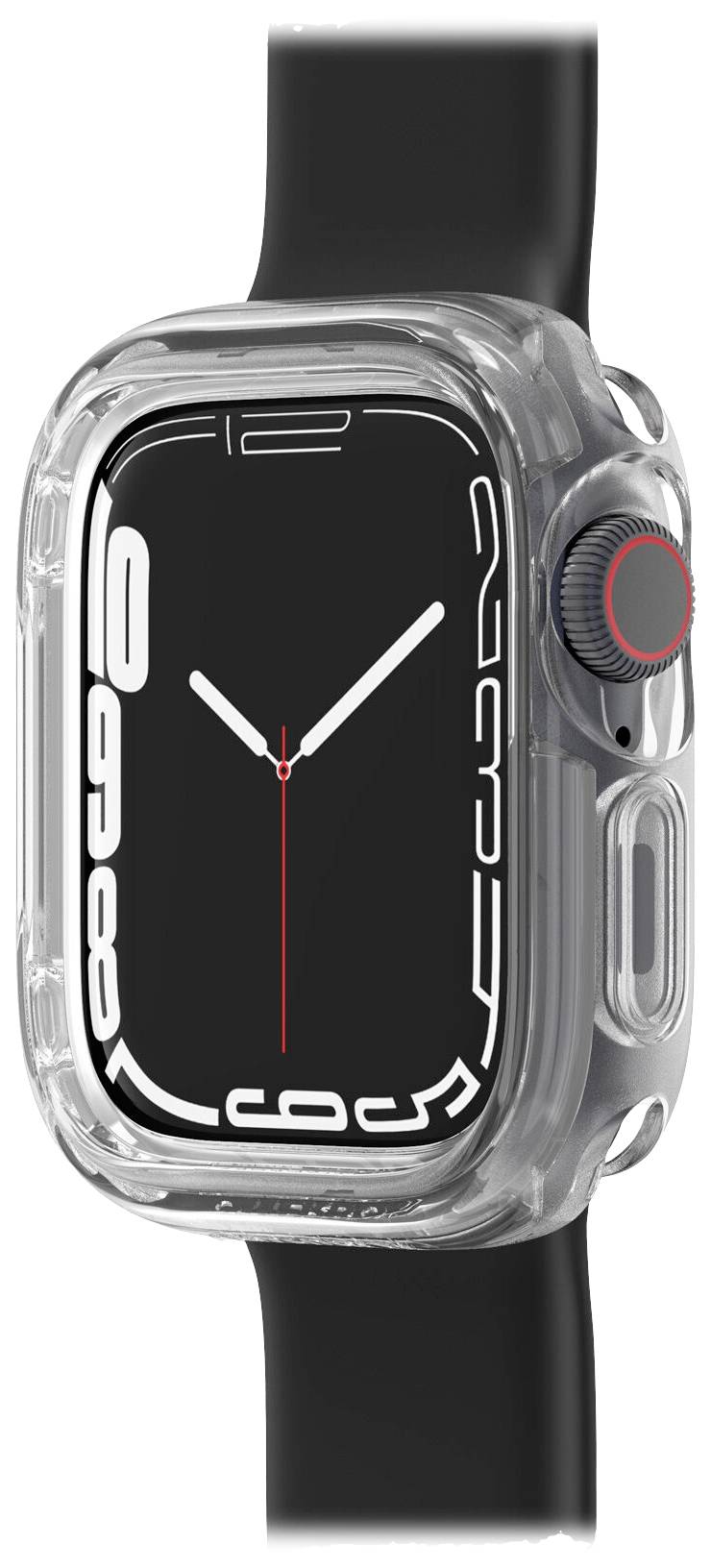 Smartwatch z czarną tarczą i srebrną ramką. Posiada przezroczyste etui ochronne i czarny pasek.