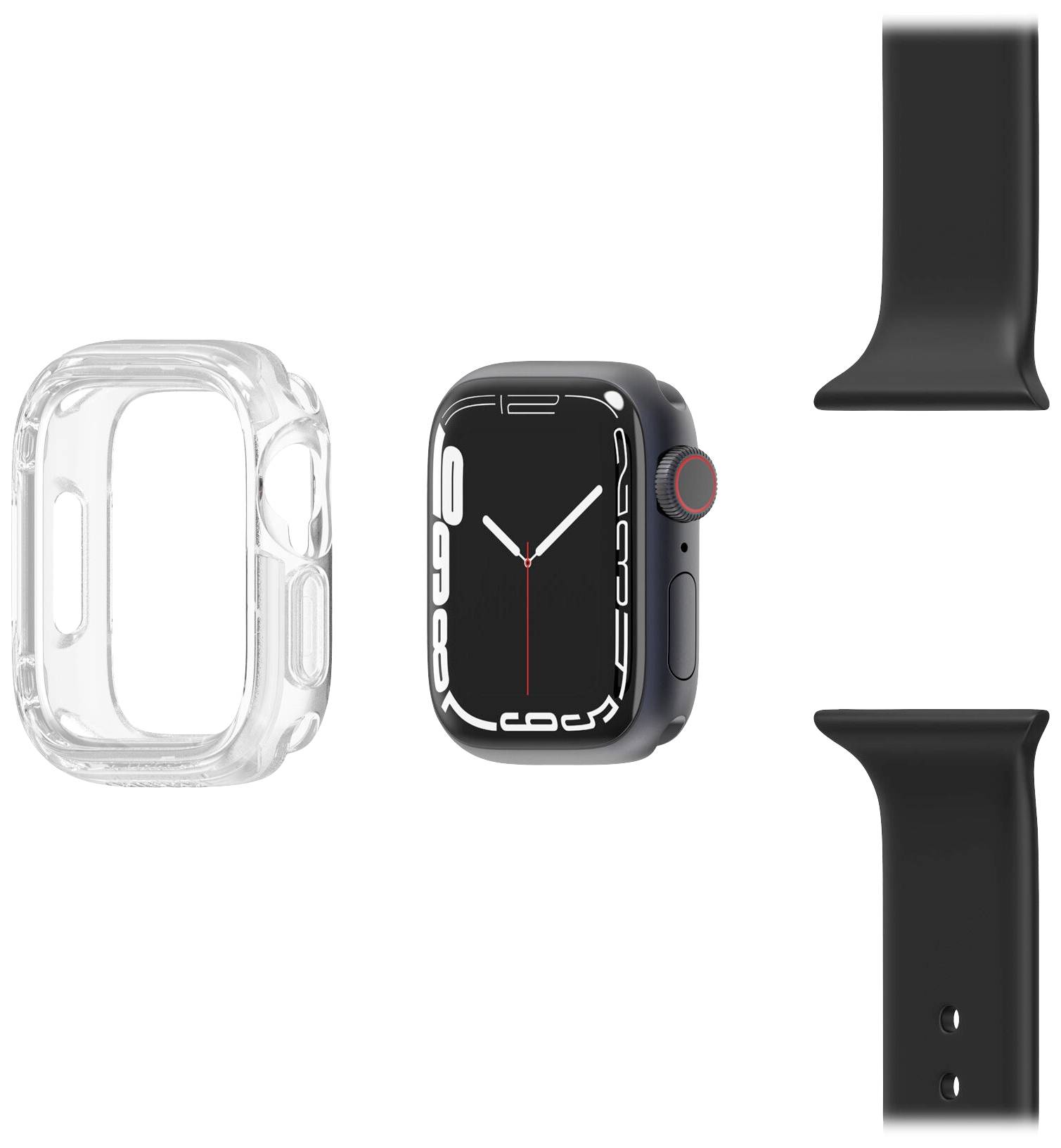 Czarny smartwatch z czarnym paskiem i przezroczystą obudową ochronną.