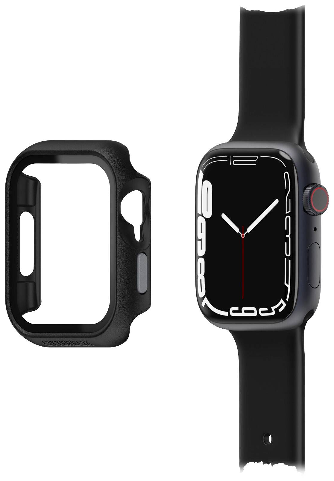 Smartwatch z czarnym paskiem i dopasowanym czarnym etui ochronnym. Tarcza zegarka wyświetla aktualny czas.