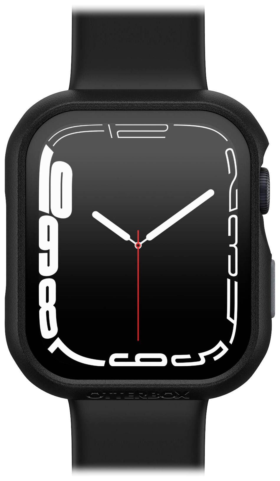 Czarny smartwatch z tarczą, która posiada białe, stylizowane cyfry i trzy wskazówki, jedna z nich w kolorze czerwonym.