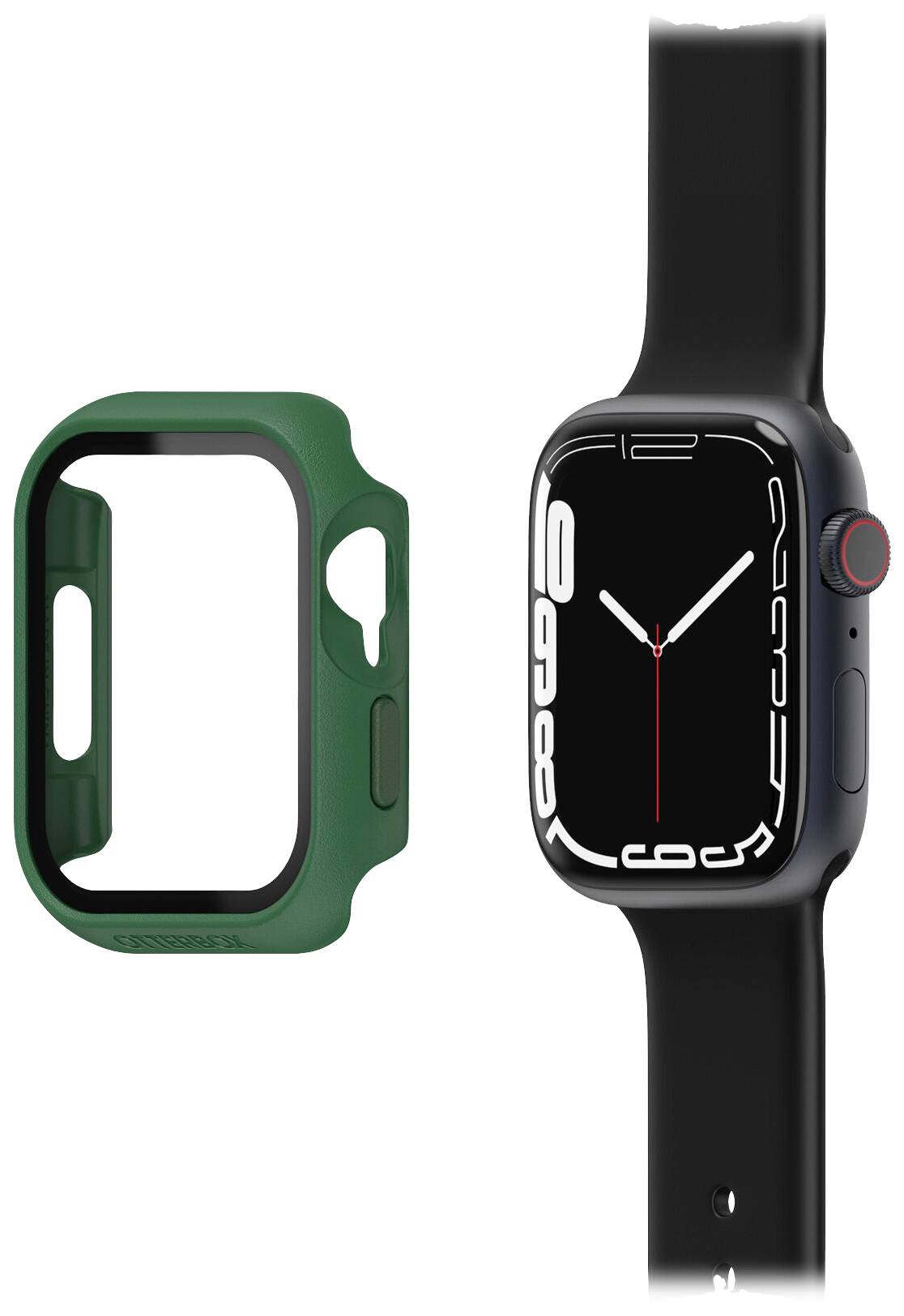 Czarny smartwatch z ciemnym paskiem, prostokątnym wyświetlaczem i czerwonym przyciskiem, obok zielone etui ochronne.