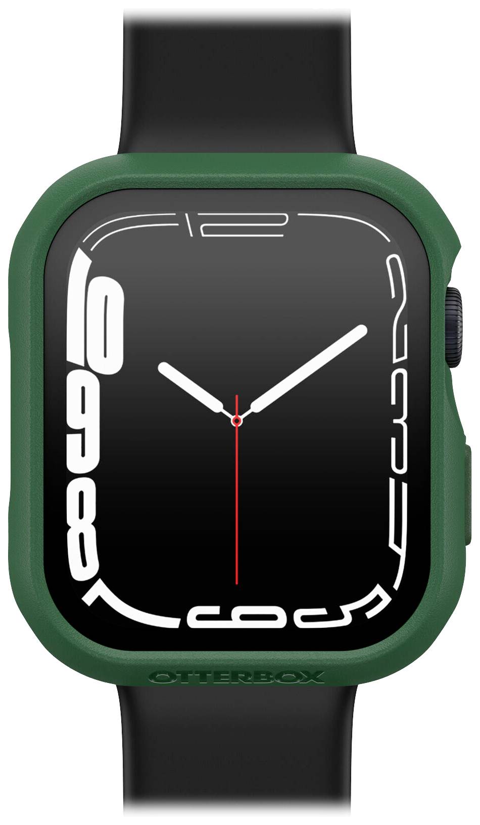 Smartwatch z czarną tarczą, czerwonymi wskazówkami i zieloną obudową.