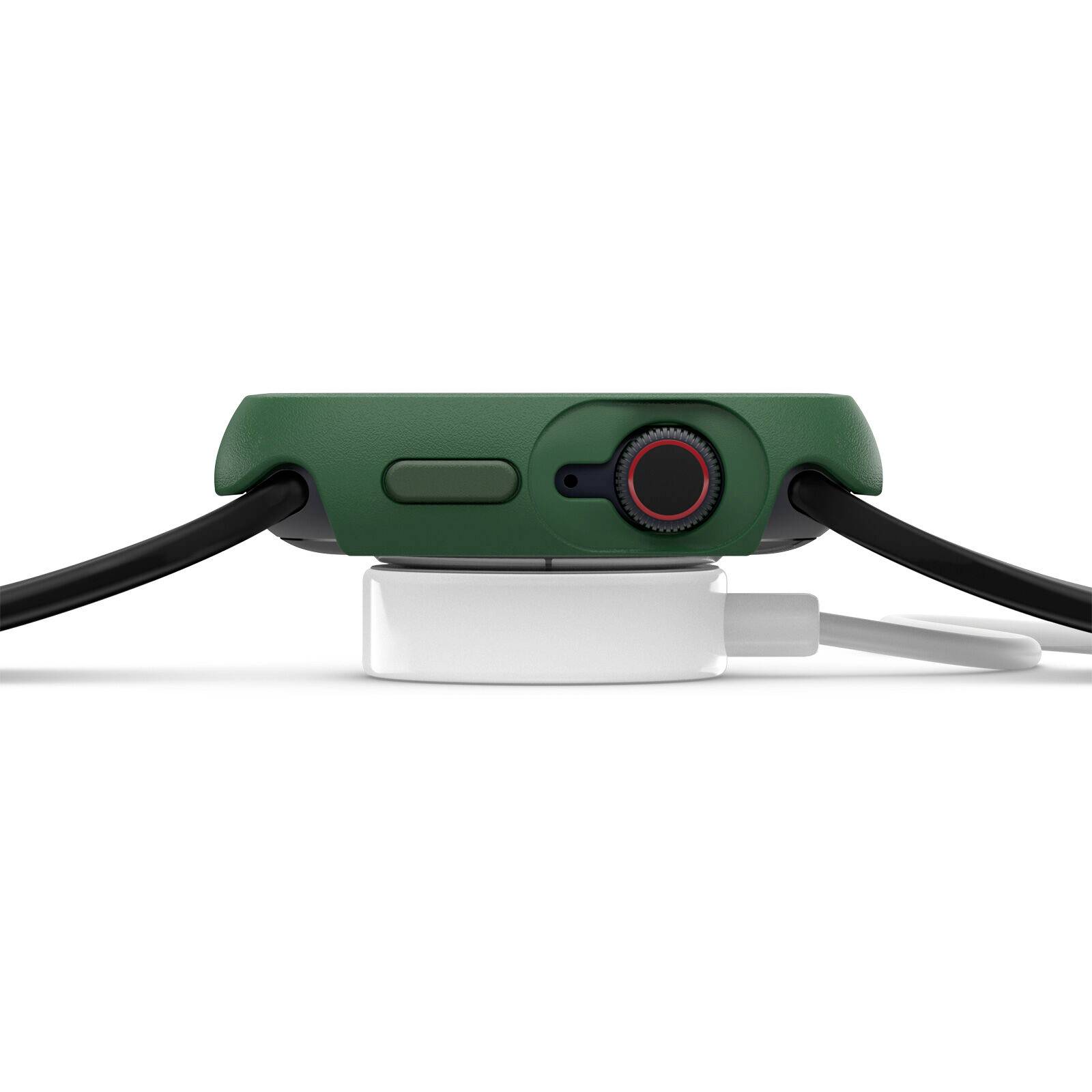 Zielona smartwatch leży na białej ładowarce. Widoczne są dwie czarne zapięcia paska.